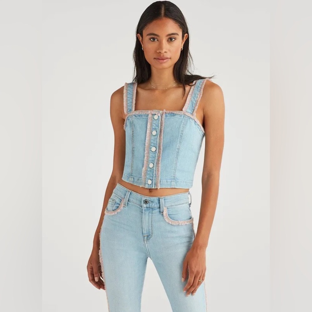 7 For All Mankind Women’s Denim Bustier Light Wash Frayed Crop Top - Size Medium